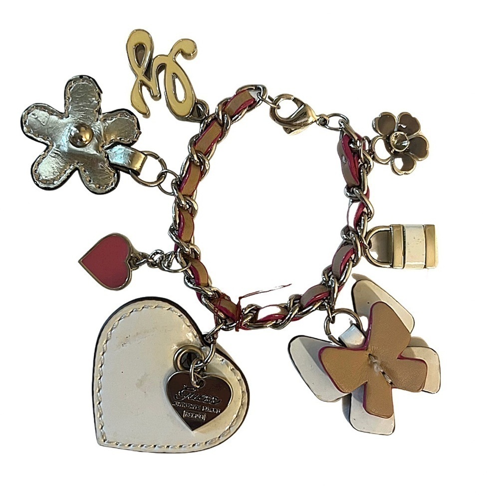 Guess Charm Bracelet 7” Butterflies Hearts Silver and  Pink